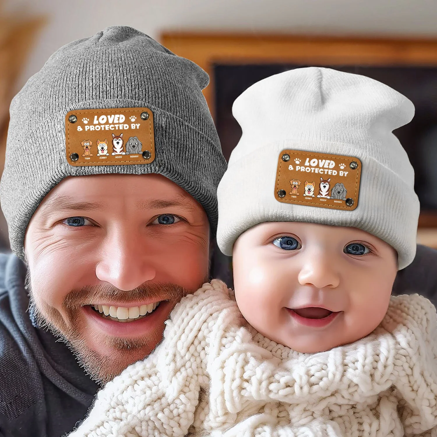 Loved And Protected By Dog - Gift For Pet Lovers - Personalized Beanie With Leather Patch - Image 5